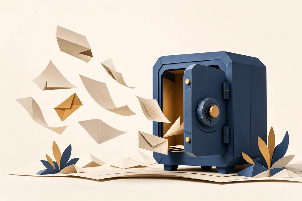 Papercraft-Illustration: Ein freundlicher blauer Papier-Tresor, in den Briefe und Dokumente hineinschweben