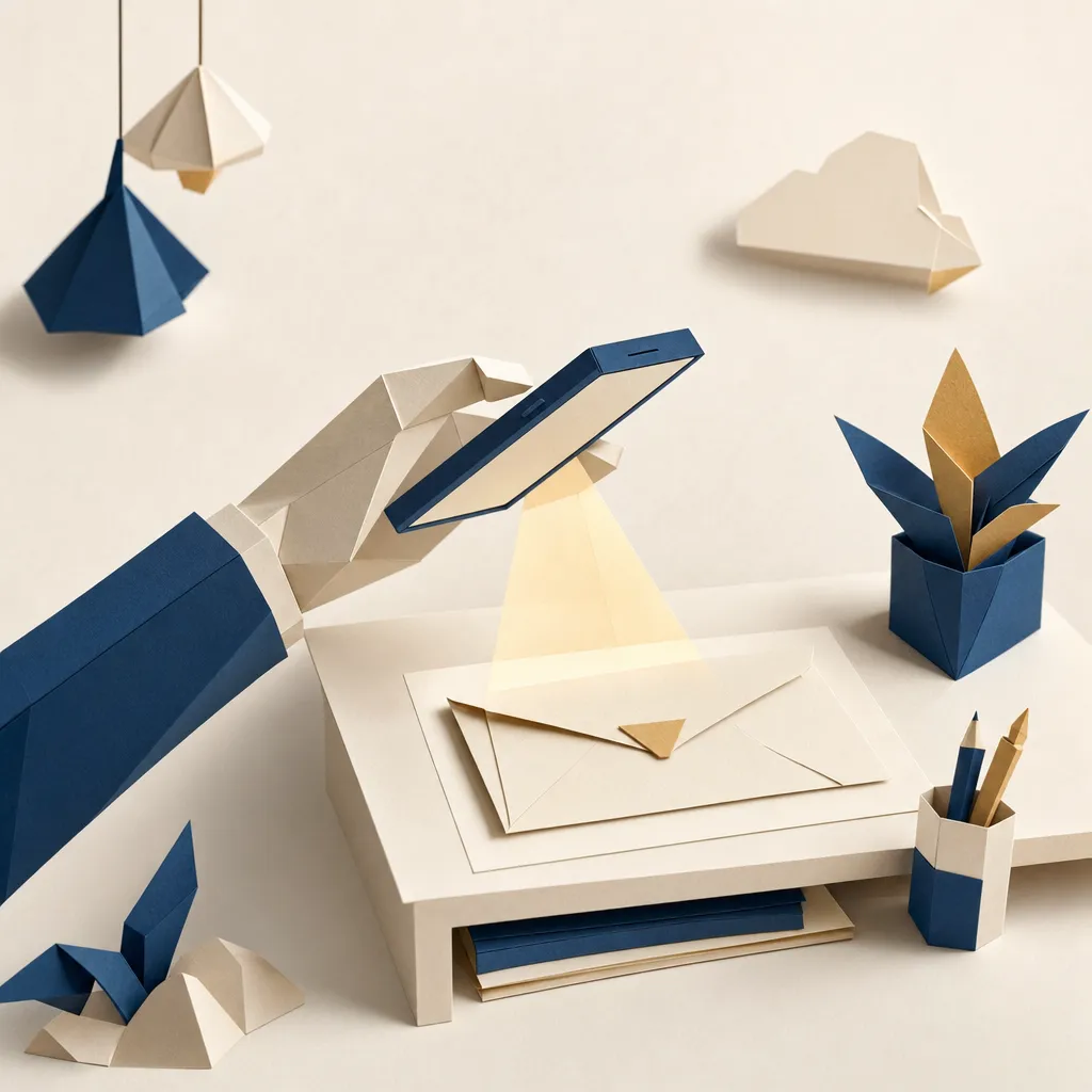 Papercraft-Illustration: Eine Hand hält ein Smartphone über einen Brief, ein sanfter Scan-Lichtstrahl verbindet beide
