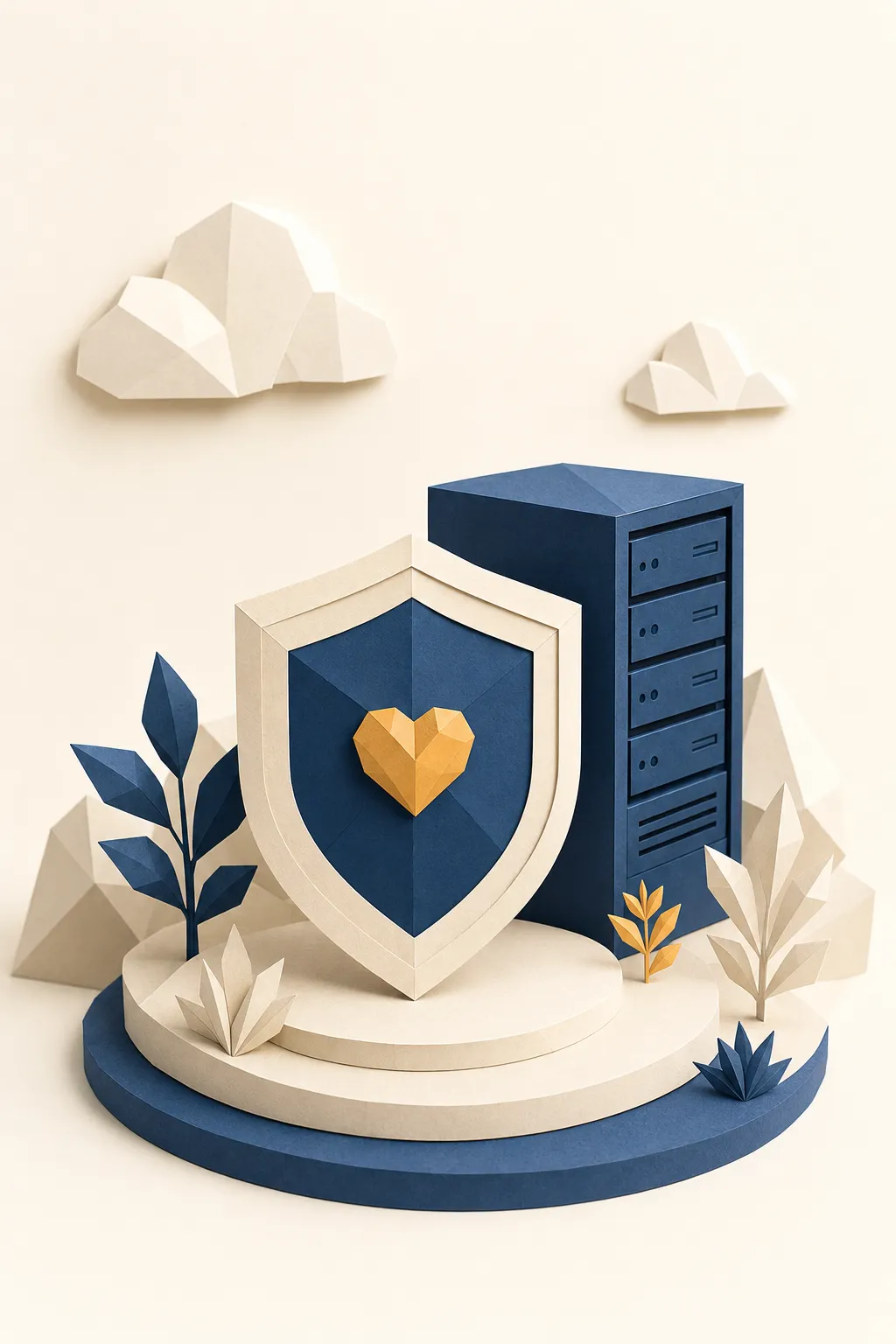 Papercraft-Illustration: Ein Schutzschild mit Herz vor einem blauen Server