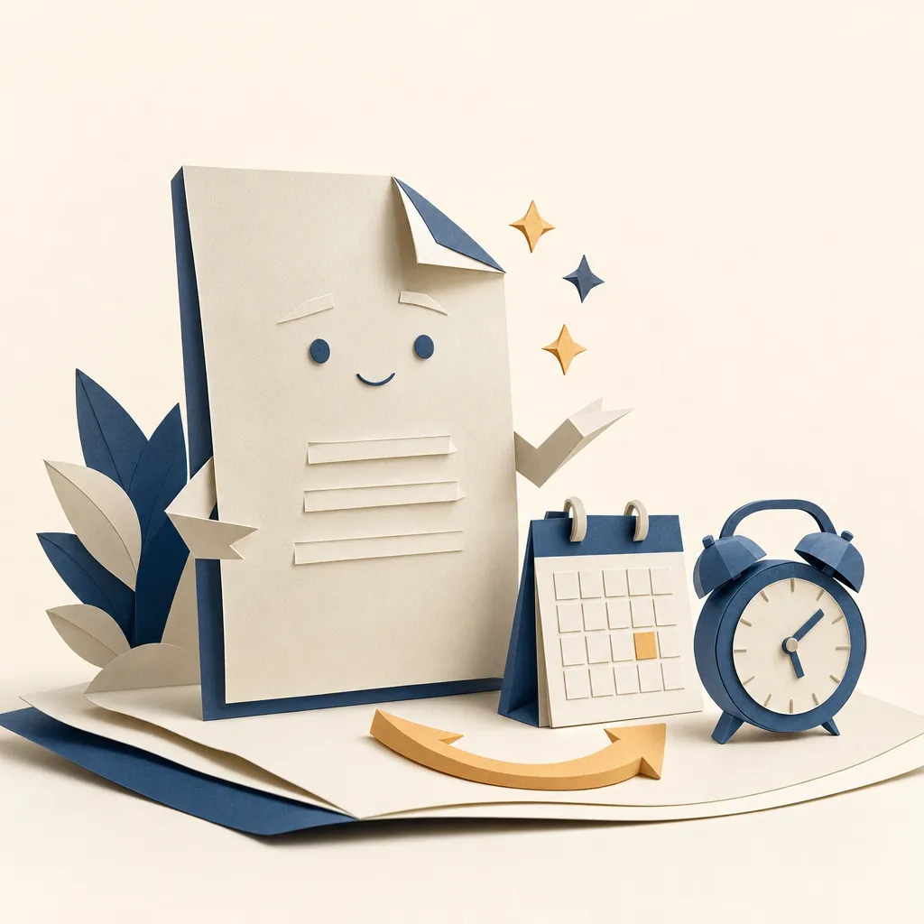 Papercraft-Illustration: Ein freundliches Papier-Dokument mit Gesicht neben Kalender und Wecker