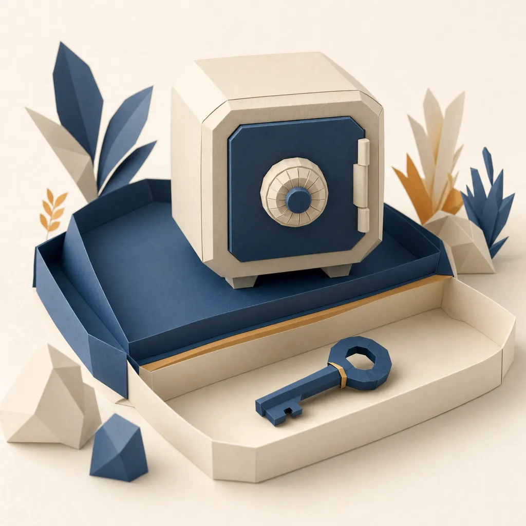 Papercraft-Illustration: Ein kleiner Papier-Tresor mit Schlüssel und zwei getrennten Ablagefächern